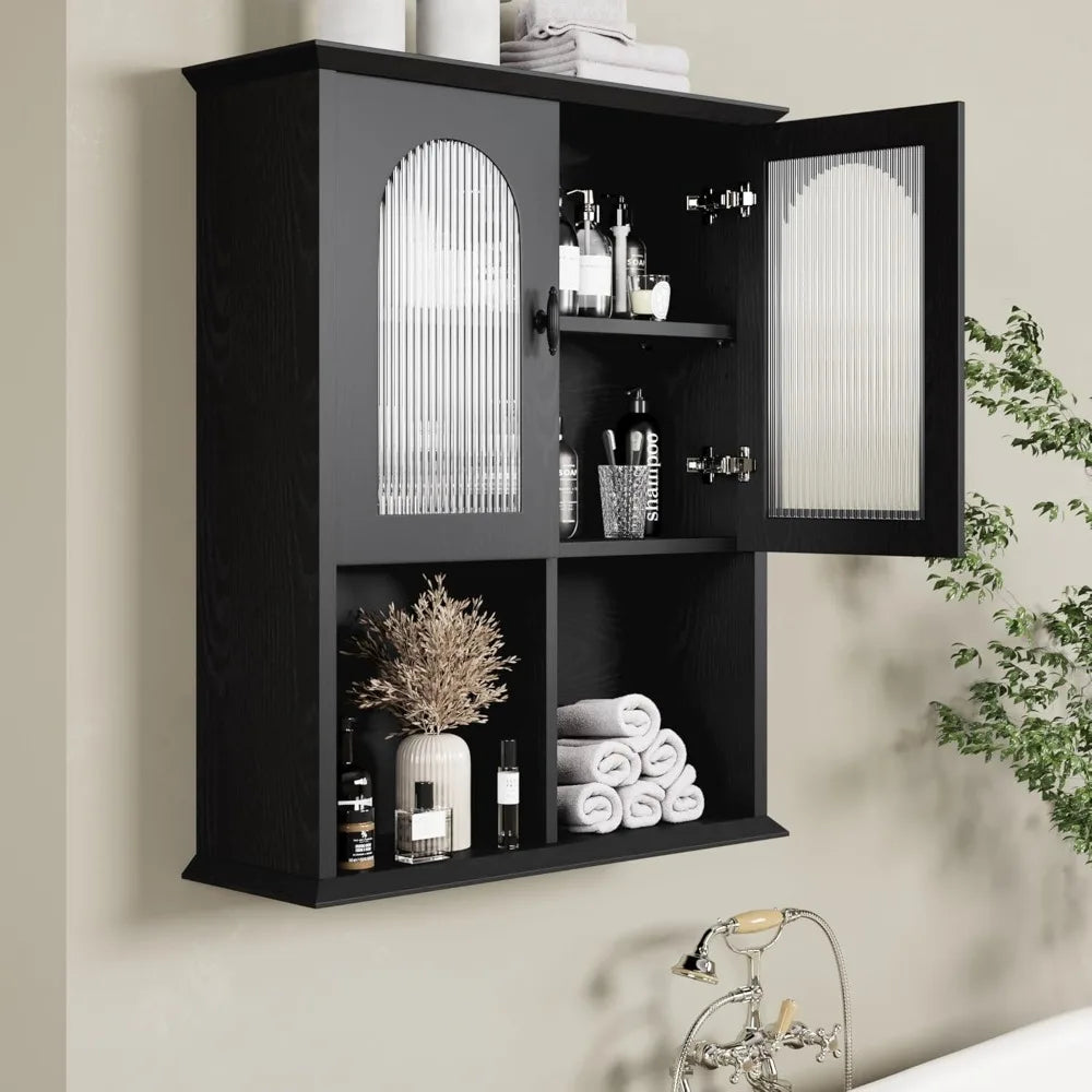 black over-the-toilet storage cabinet with fluted door, 23.6" x 29.5" medicine cabinet