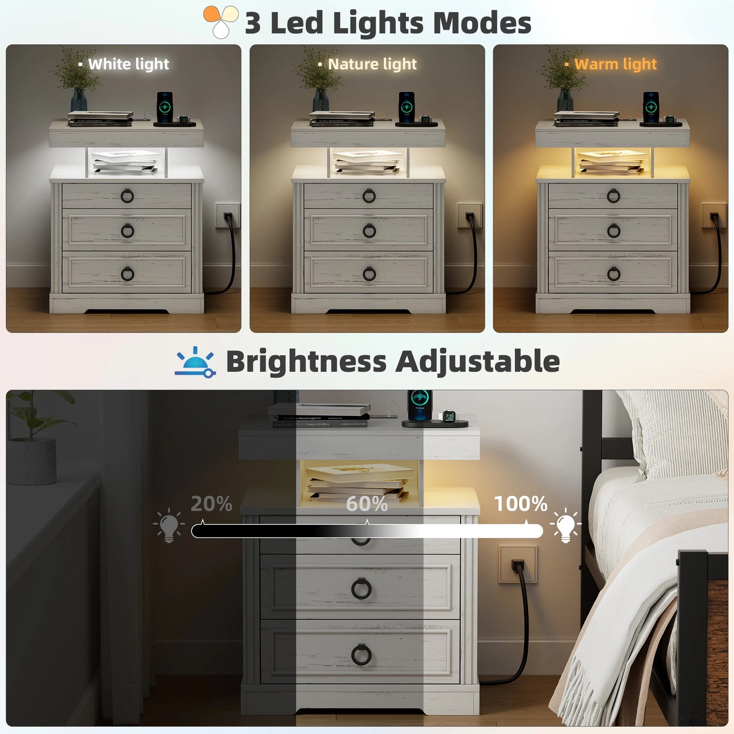 JDPAG Farmhouse Nightstand with Lockable Gun Drawer,3 Color Dimmable LED End Table with Charging Station,Bedside Table with Huma