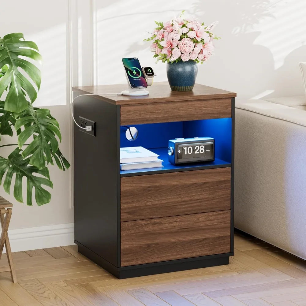 "modern lockable nightstand with hidden compartment, usb/type-c charging port, and led lighting"
