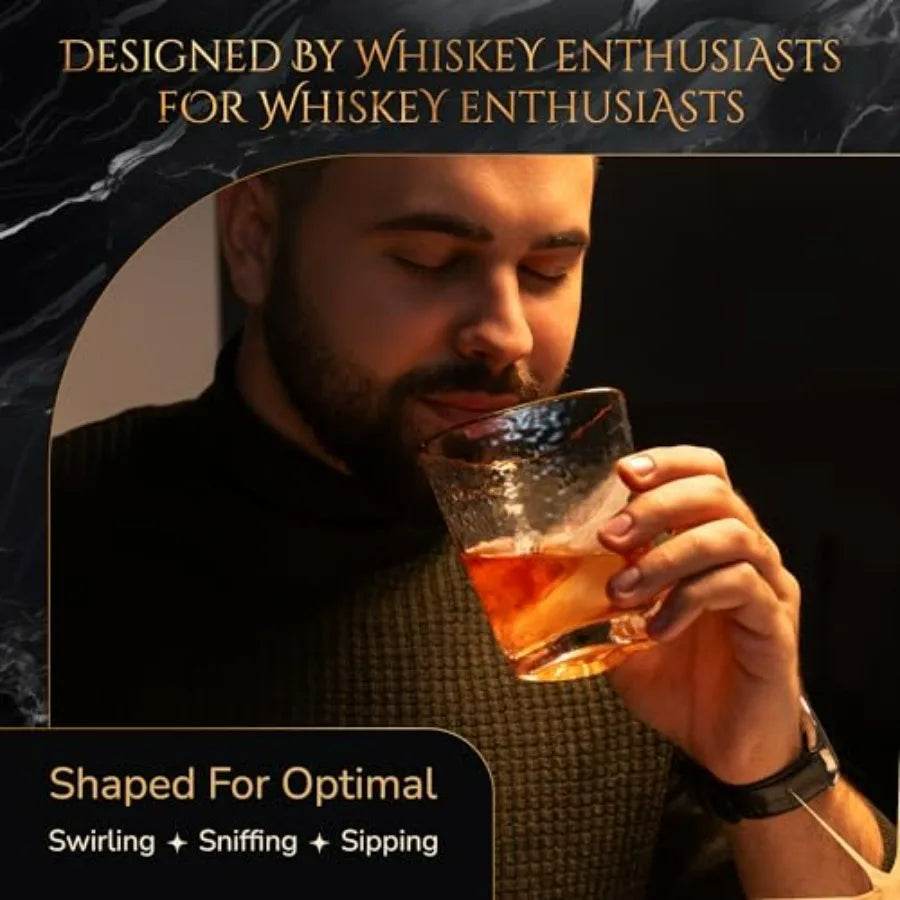 Stylish Whiskey Glasses Set of 4 10 oz Gold Rimmed Hammered Lowball Glasses - Loft&Timber