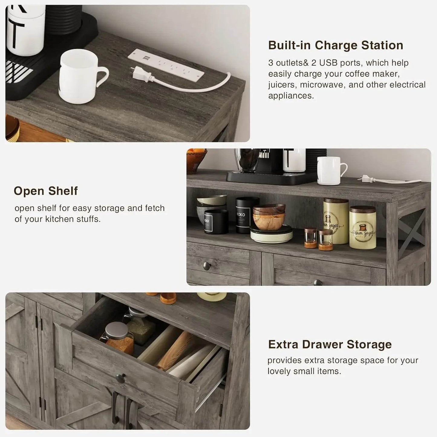 Vabches Sideboard Buffet Cabinet with Drawers & Charging Station - Loft&Timber