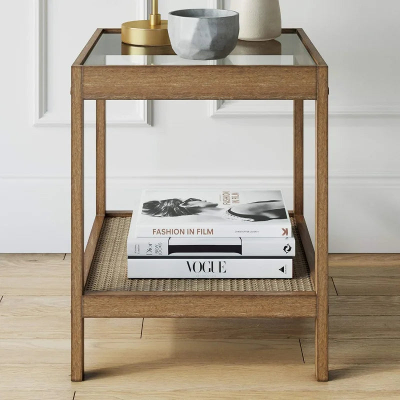 (UUX)Hayes Solid Nightstand, Bedside, End or Side Table in Light Brown Wood Finish & Glass Top with Open Storage Shelf, UQ