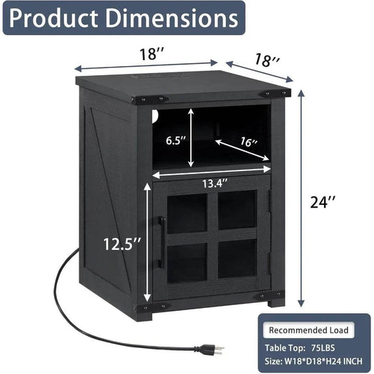 Farmhouse Nightstand with Charging Station, Rustic End Table with Tempered Glass Barn Door - Loft&Timber