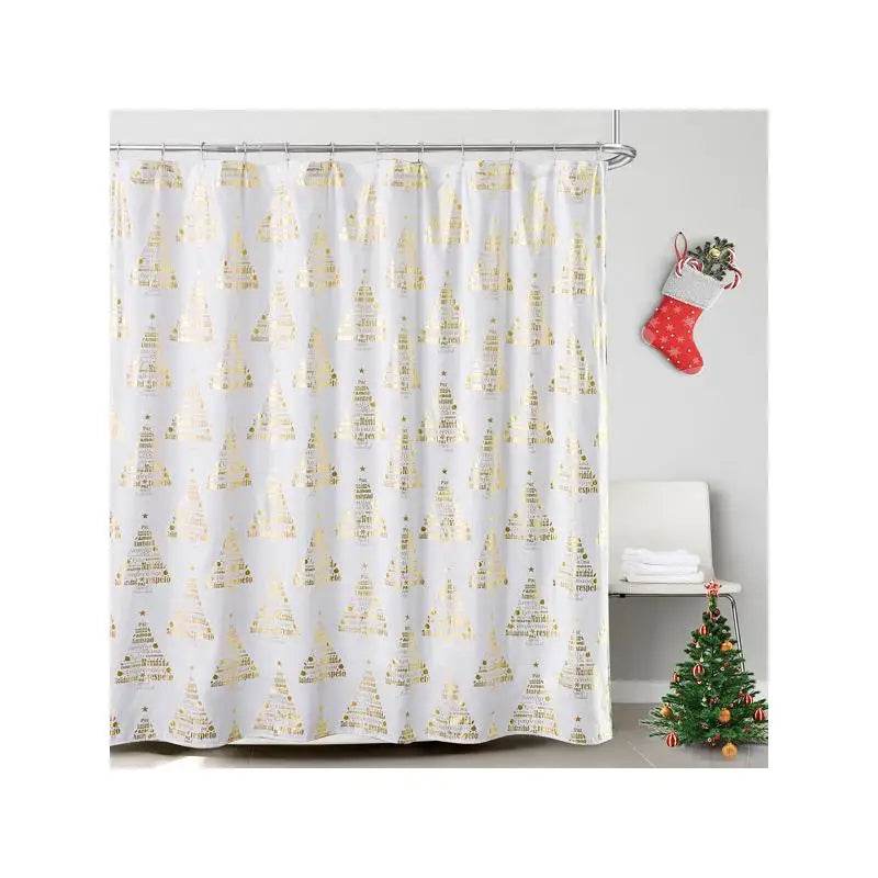 White Holiday Shower Curtain with Gold Foil Print - Loft&Timber