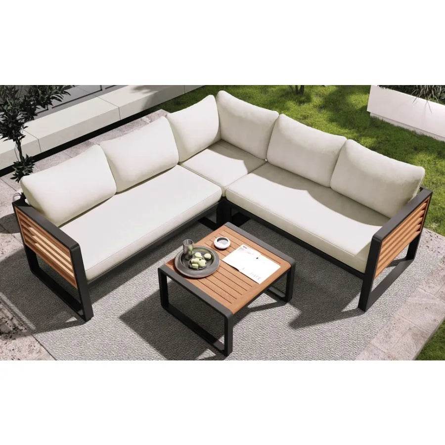 GO 4 Pieces Outdoor Patio Set Metal and Wood Frame Sectional with Soft Cushions & Coffee Table - Loft&Timber