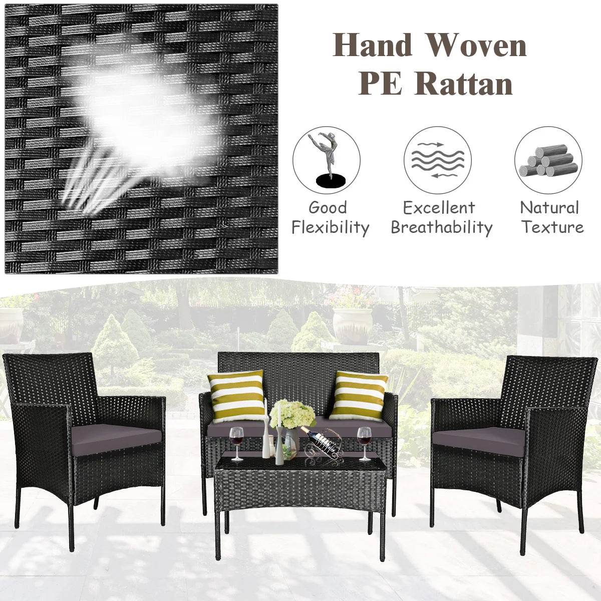 4PCS Patio Rattan Furniture Set Cushioned Sofa Coffee Table Backyard Grey - Loft&Timber