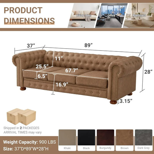 Chesterfield Leather Sofa, 89" Mid Century Modern Couch with Low Back - Loft&Timber