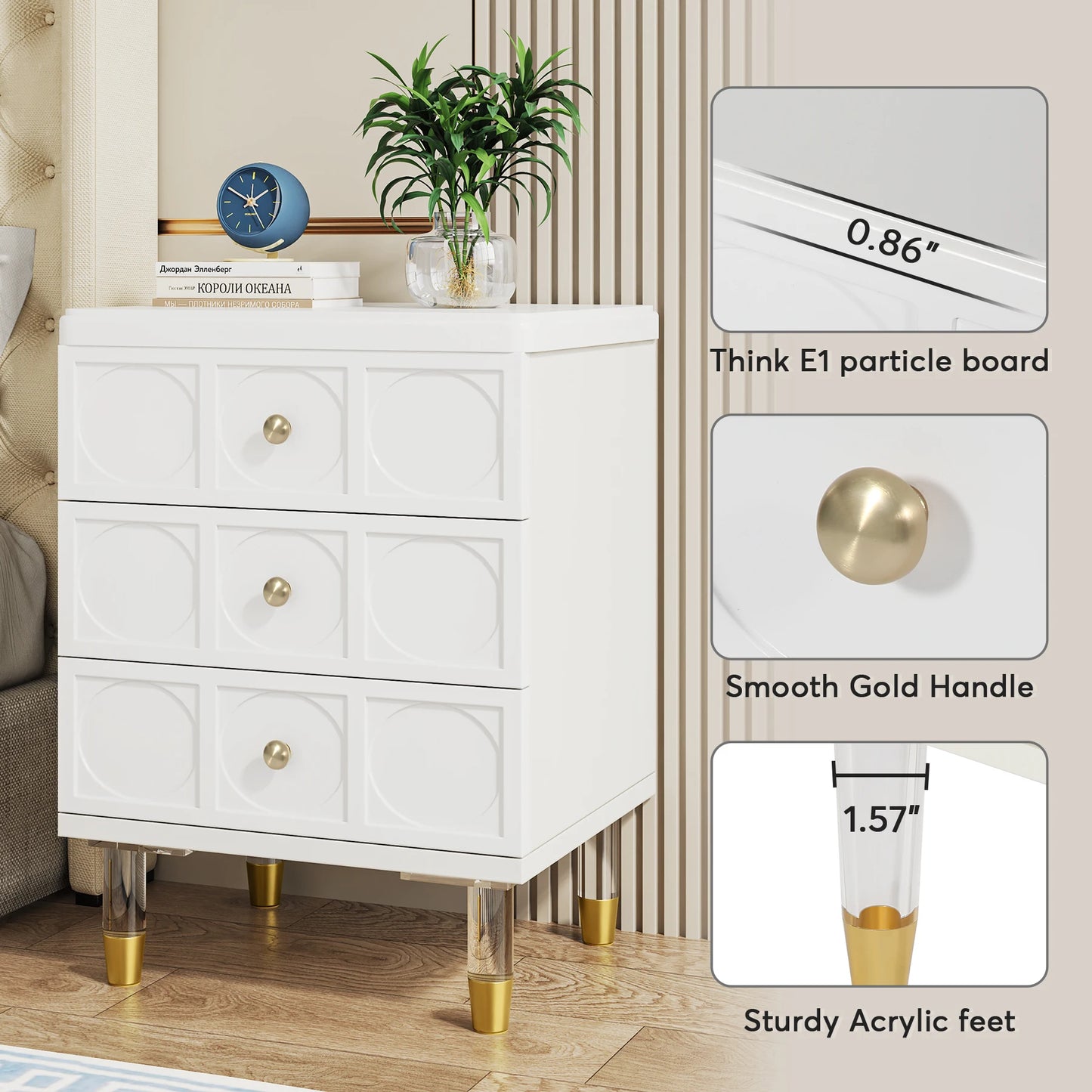 Tribesigns 3-Drawer Nightstand Tall White and Gold Bedside Table with Drawers, Versatile Modern White Night Stand with Storage