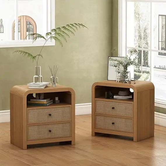 rattan nightstand set of 2, 23.6'' rattan end table with ample storage, boho nightstand with charging station, thick