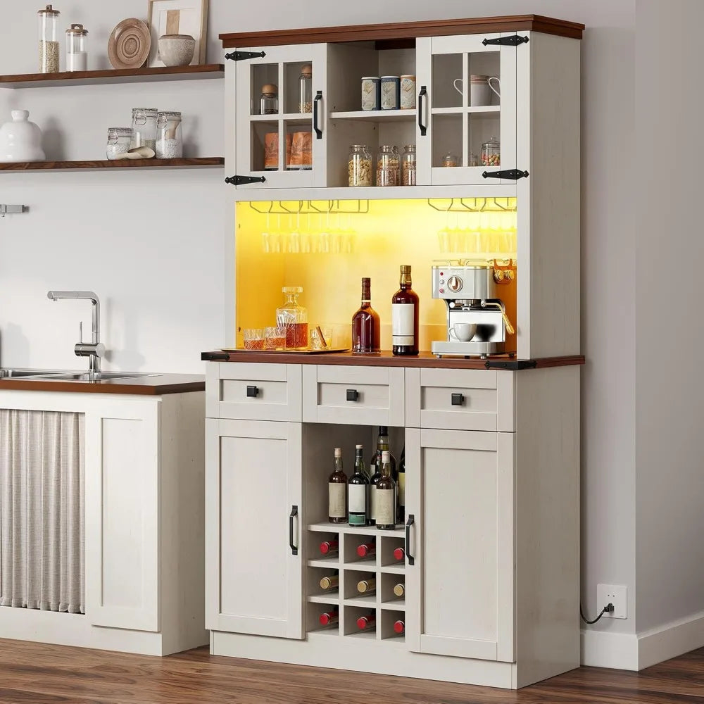Coffee Bar Cabinet with Power Outlet/Lights, 72" Pantry wers, Tall Liquor Cabin - Loft&Timber