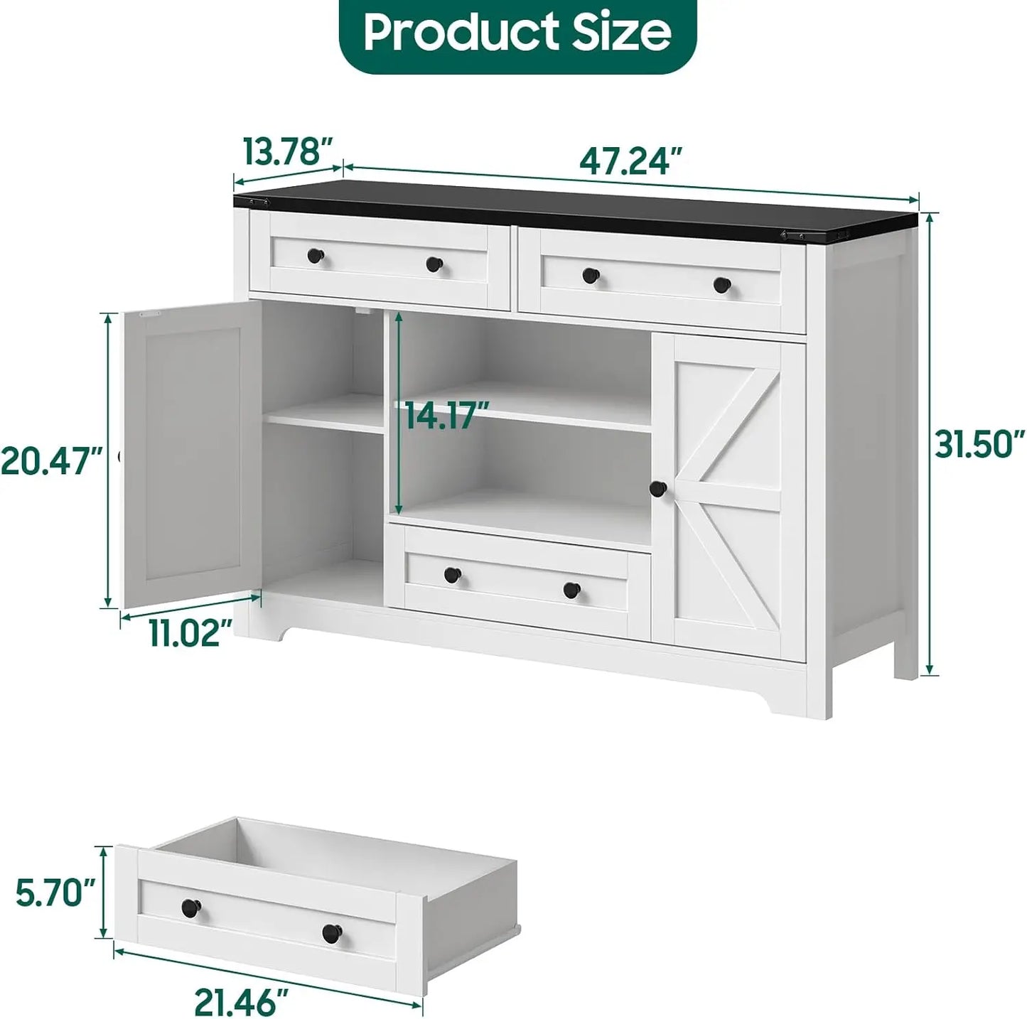 47" Vabches Buffet Cabinet Wood Sideboard Cabinet - Loft&Timber