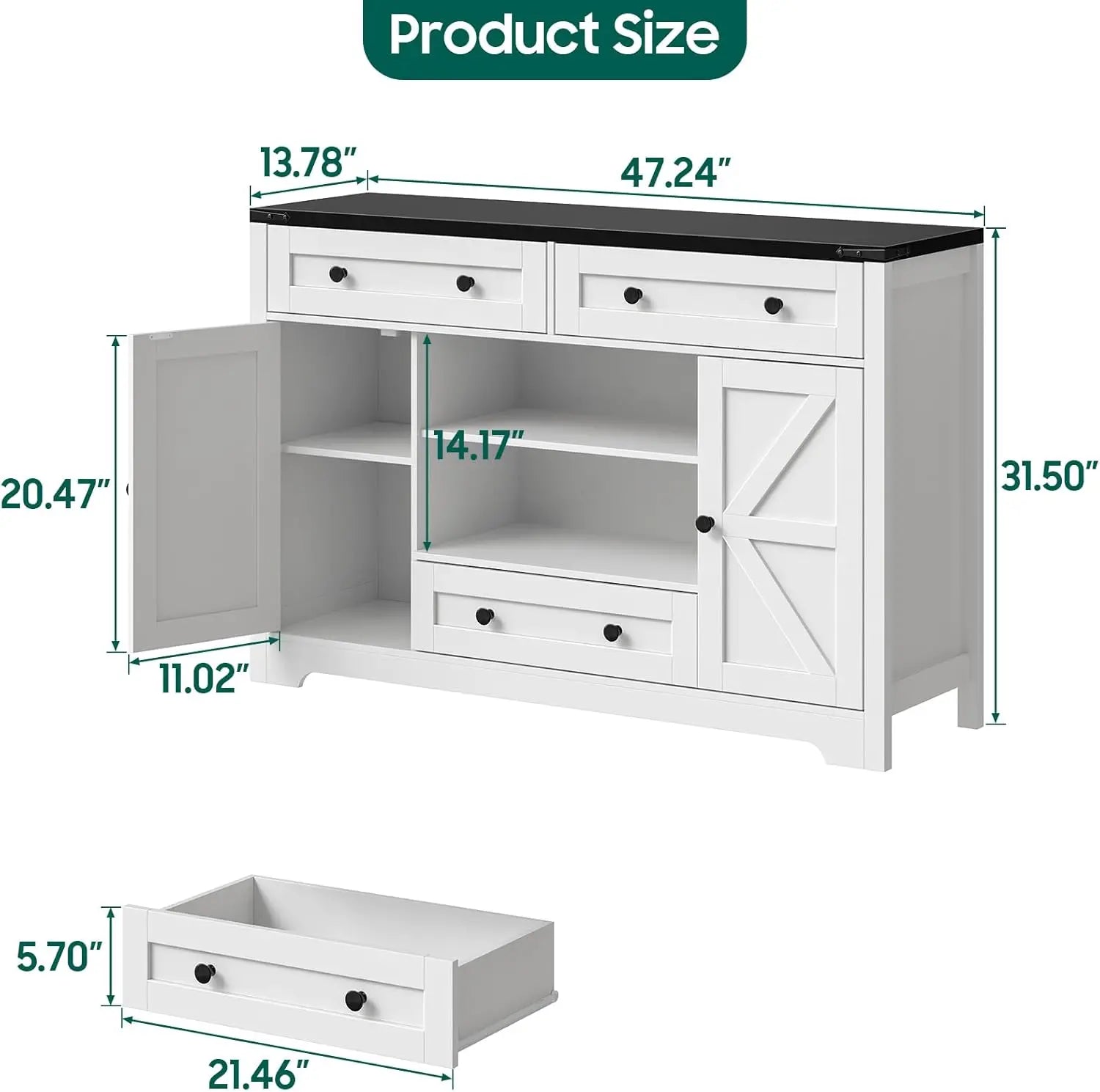 47" Vabches Buffet Cabinet Wood Sideboard Cabinet - Loft&Timber