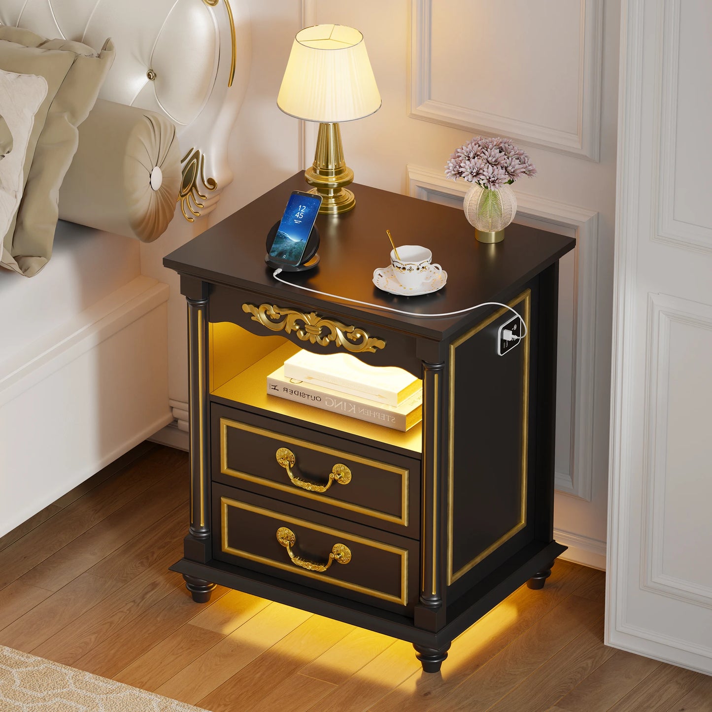 JDPAG Farmhouse Nightstand with Gun Drawer, 20" Vintage Bedside Table with LED Lights & Charging Station
