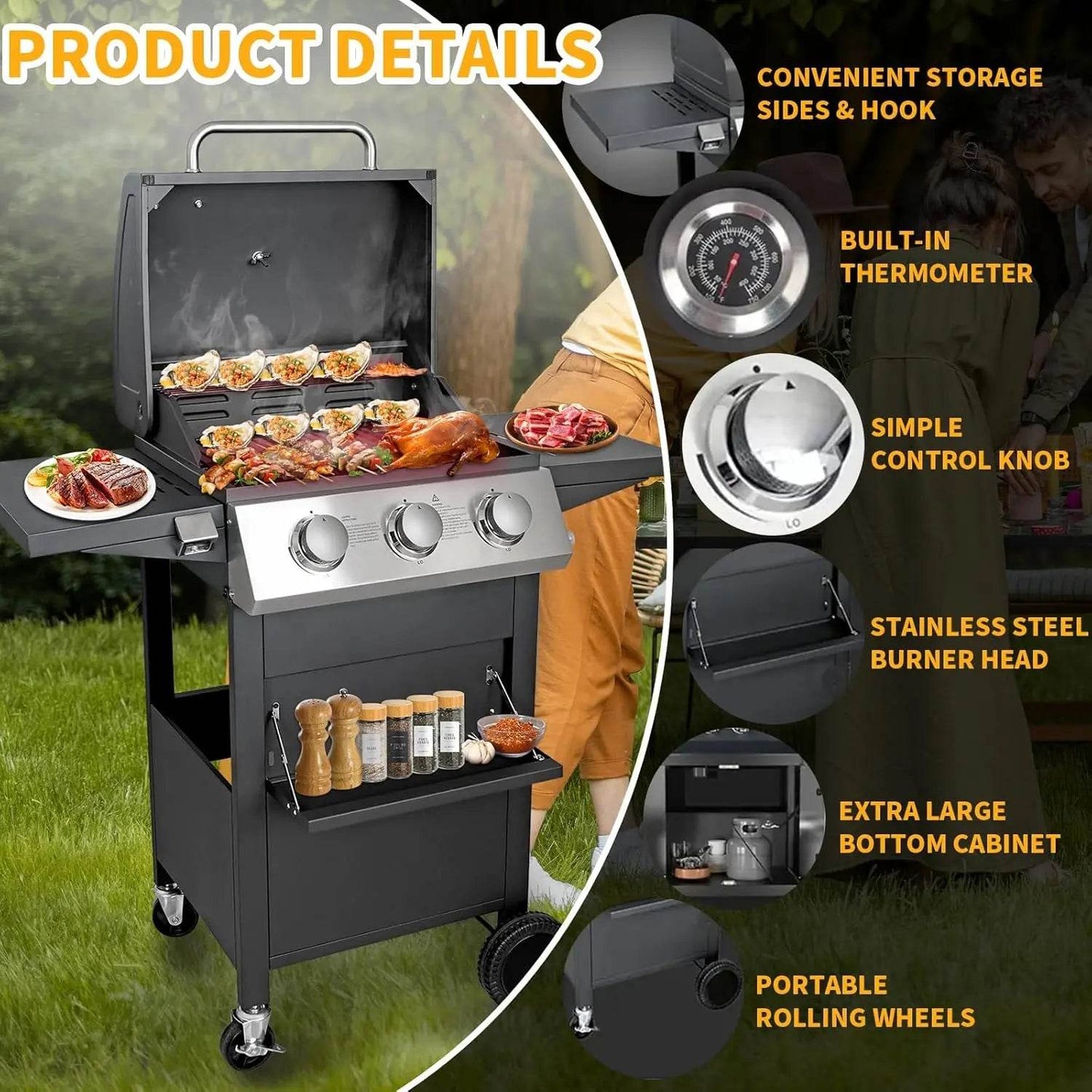 3 Burner Gas Grill, 30000 BTU Propane BBQ Grill - Loft&Timber