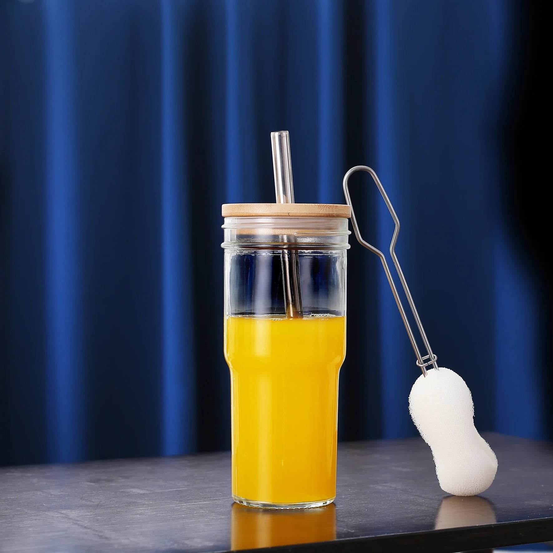 2pcs 24oz Reusable Iced Coffee Cups, Wide Mouth Glass with Bamboo Lid and Straw, Mason Jar - Loft&Timber