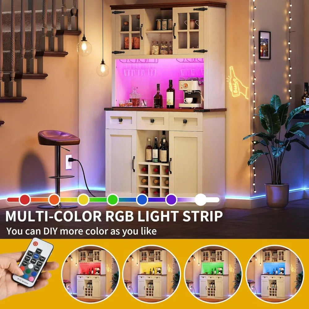 Coffee Bar Cabinet with Power Outlet/Lights, 72" Pantry wers, Tall Liquor Cabin - Loft&Timber