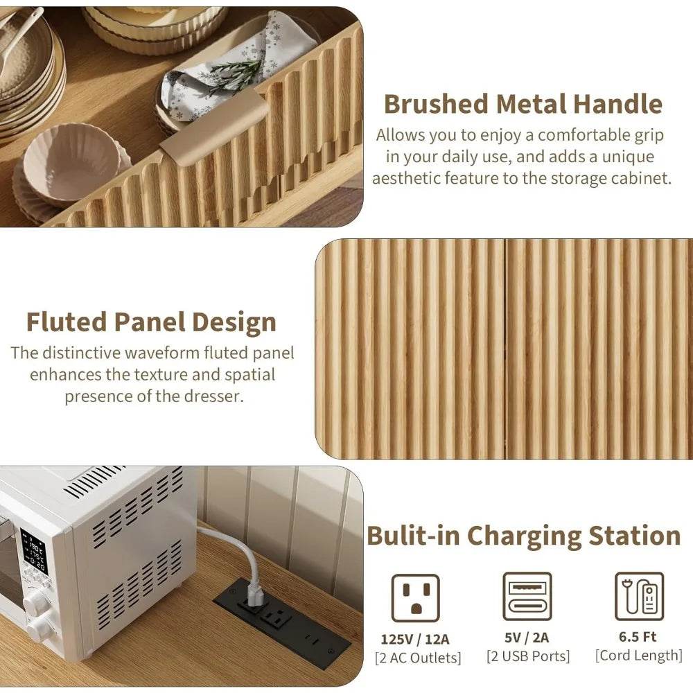 Sideboard Buffet Cabinet with Charging Station (2 Drawer, Natural Oak) - Loft&Timber