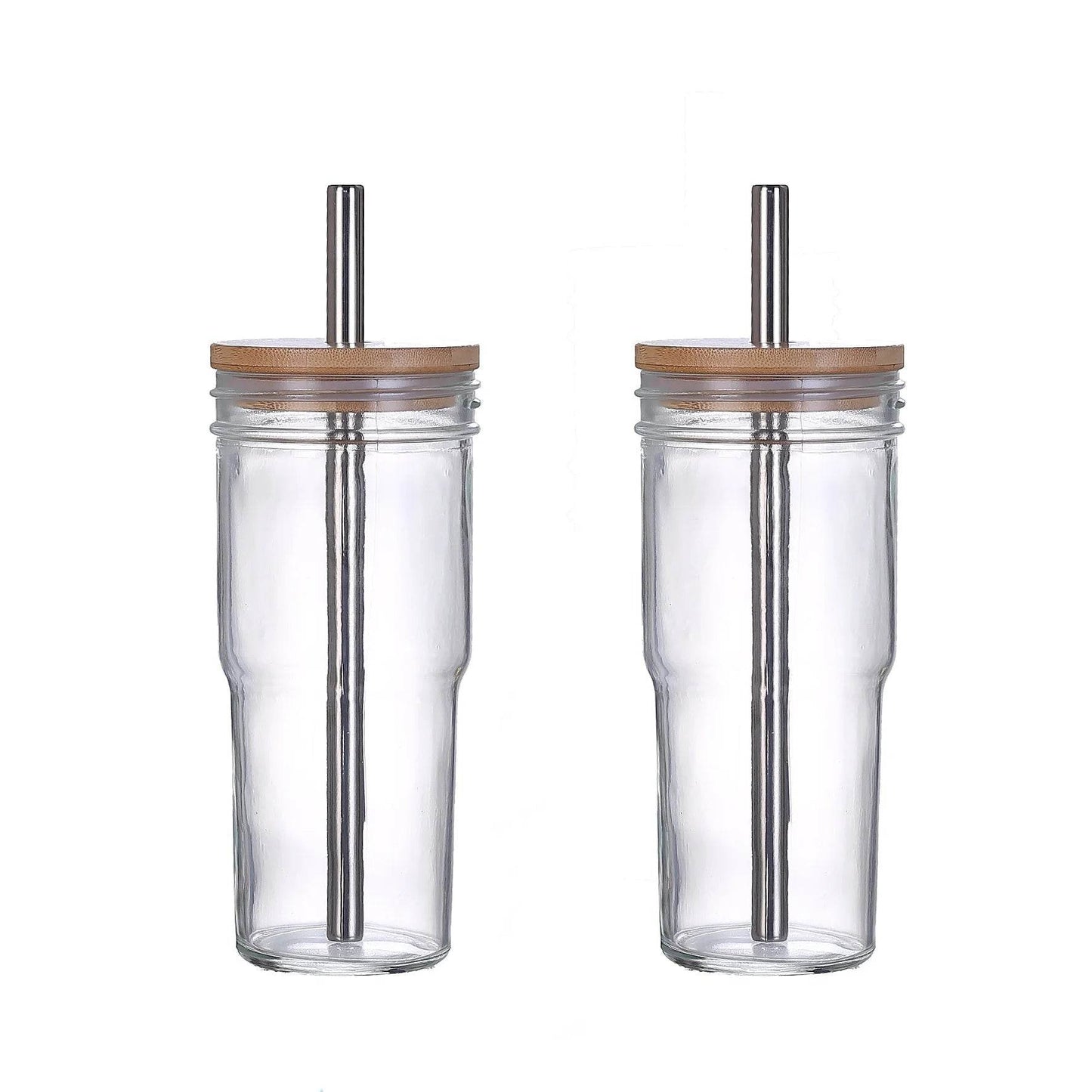 2pcs 24oz Reusable Iced Coffee Cups, Wide Mouth Glass with Bamboo Lid and Straw, Mason Jar - Loft&Timber