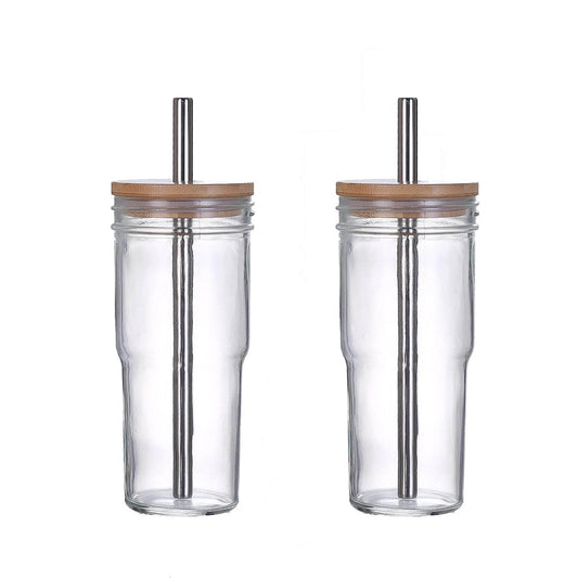 2pcs 24oz Reusable Iced Coffee Cups, Wide Mouth Glass with Bamboo Lid and Straw, Mason Jar - Loft&Timber