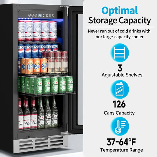 15 Inch Beverage Refrigerator Under Counter - 126 Cans Beverage Fridge with Glass Door for Beer Wine Soda - Built-in