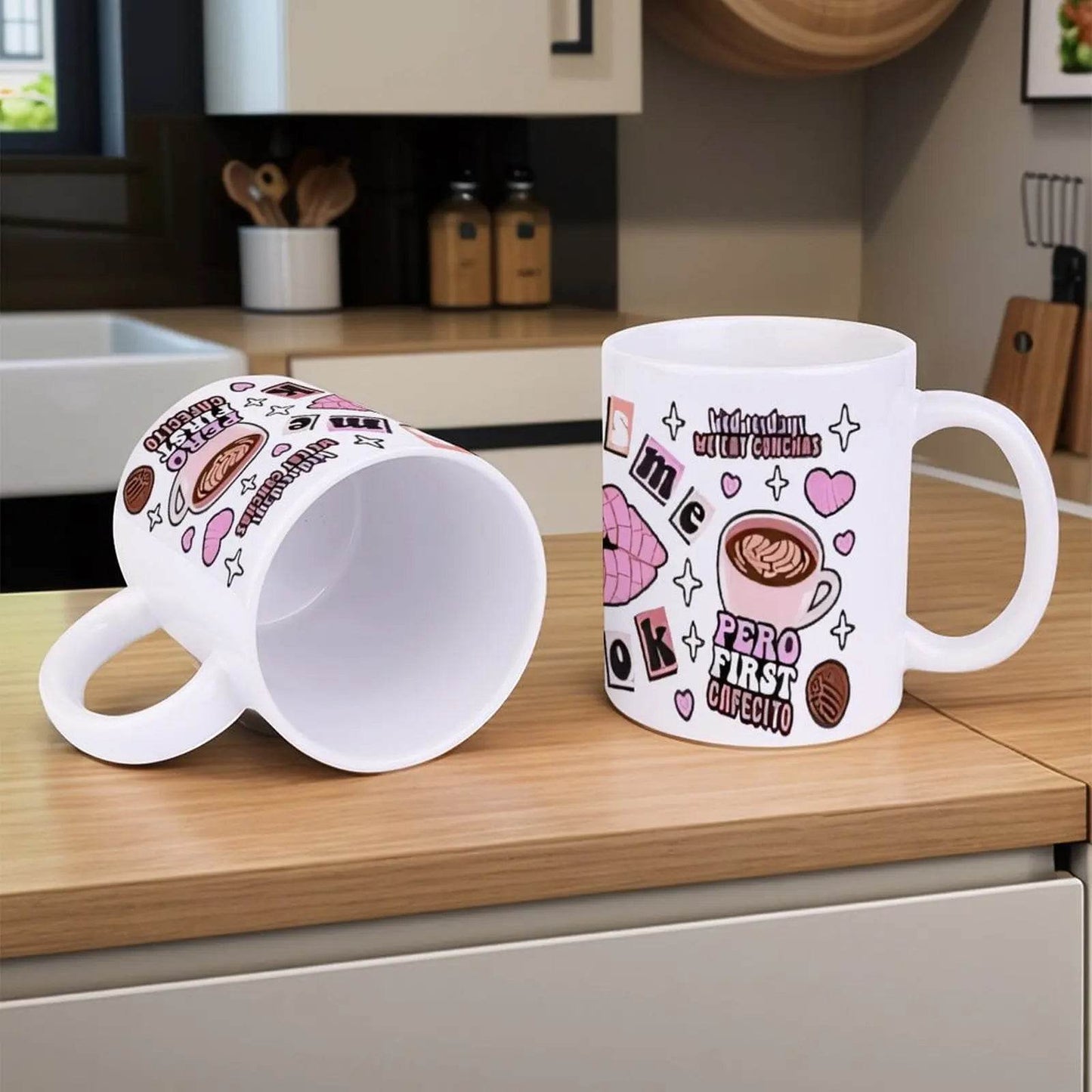 A Sticker With A Cup Of Coffee, French Fries And A Kiss On It Ceramic Mug, 330ml Coffee Cup - Loft&Timber