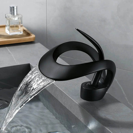 Waterfall Single Handle Bathroom Sink Faucet Art Curved Shape - Loft&Timber