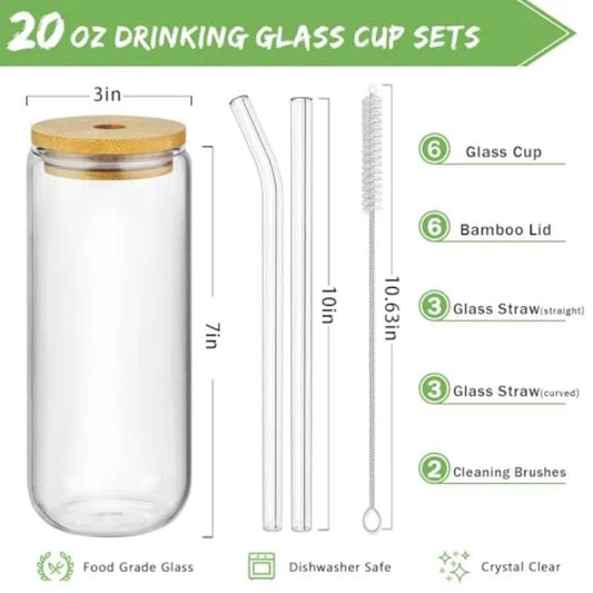 20 Oz Drinking Glasses with Bamboo Lids and Glass Straw 6 Pcs Set - Loft&Timber