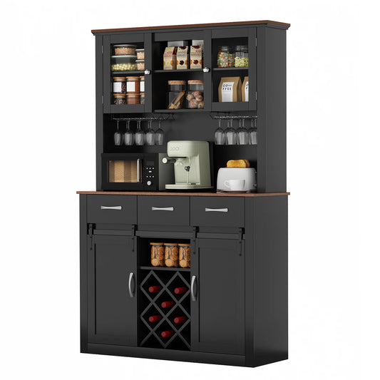 VOWNER 72" Tall Farmhouse Bar Cabinet with Sliding Barn Doors, Kitchen Pantry Storage Cabinet with Wine & Glass Racks - Loft&Timber