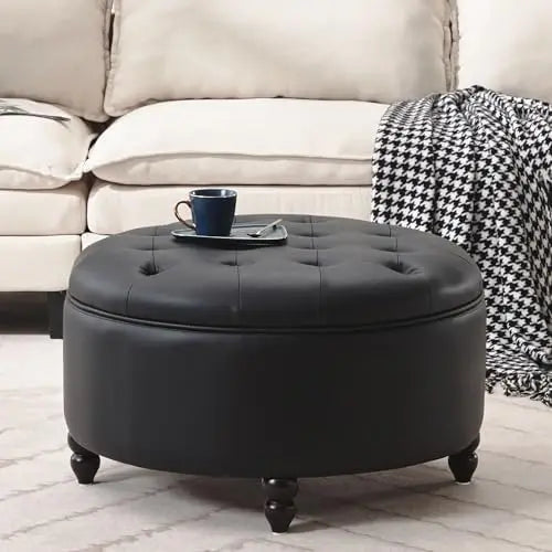 30-Inch Round Storage Ottoman, Modern Button Coffee Table with Removable Lid, PU Leather, Black