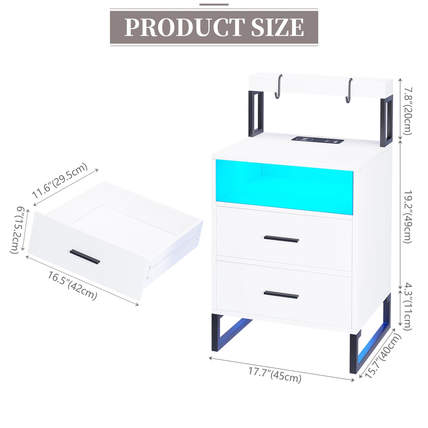 JDPAG  Auto LED Nightstand with Wireless Charging Station & USB Ports,High Gloss Bedside Tables with 2 Drawers