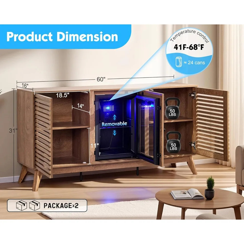 60" coffe bar cabinet with built-in beverage refrigerator– wine bar with 24 cans mini fridge and sideboard buffet cabinet