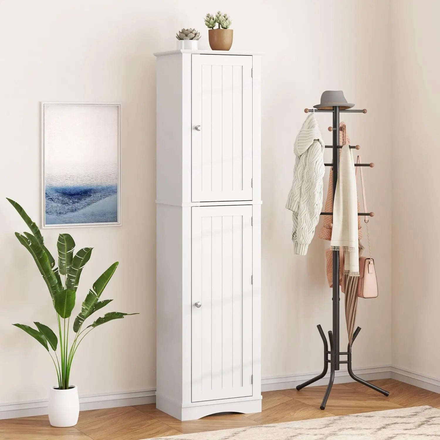 Tall Bathroom Storage Cabinet, 64" Slim Pantry with Door Storage - Loft&Timber