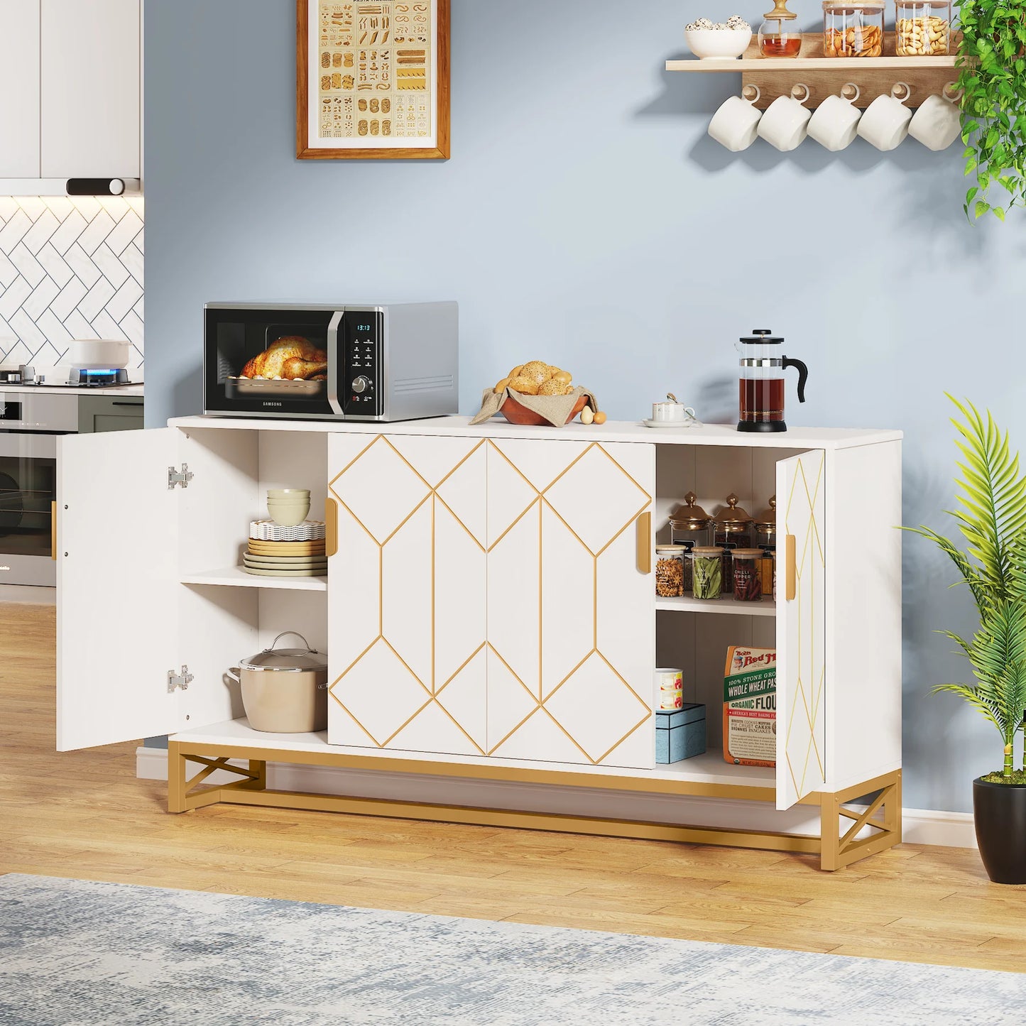 Tribesigns 59" White Gold Buffet Cabinet with Storage - Loft&Timber