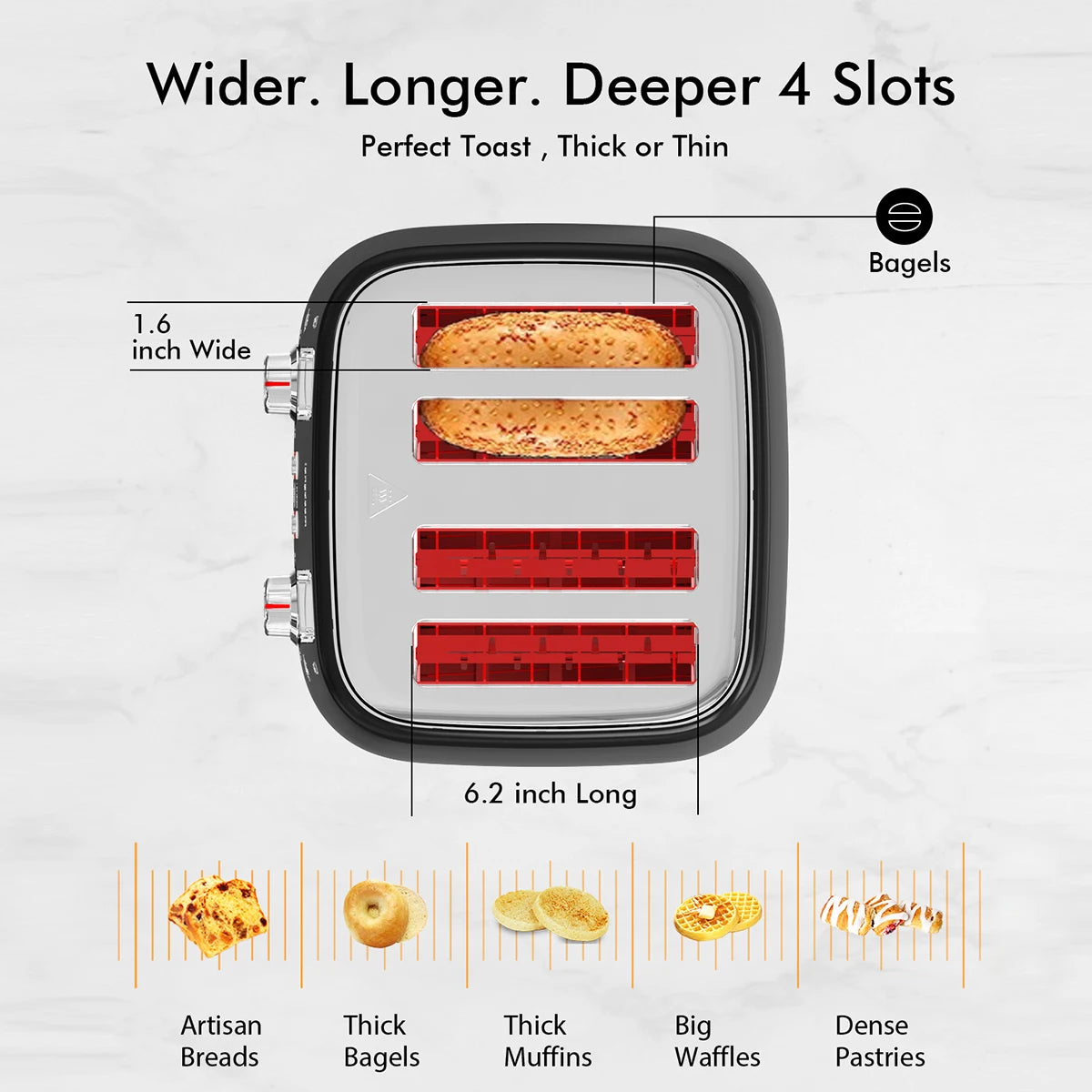 4 Slice Toaster, 1.5" Extra Wide Stainless Steel Slots - Loft&Timber