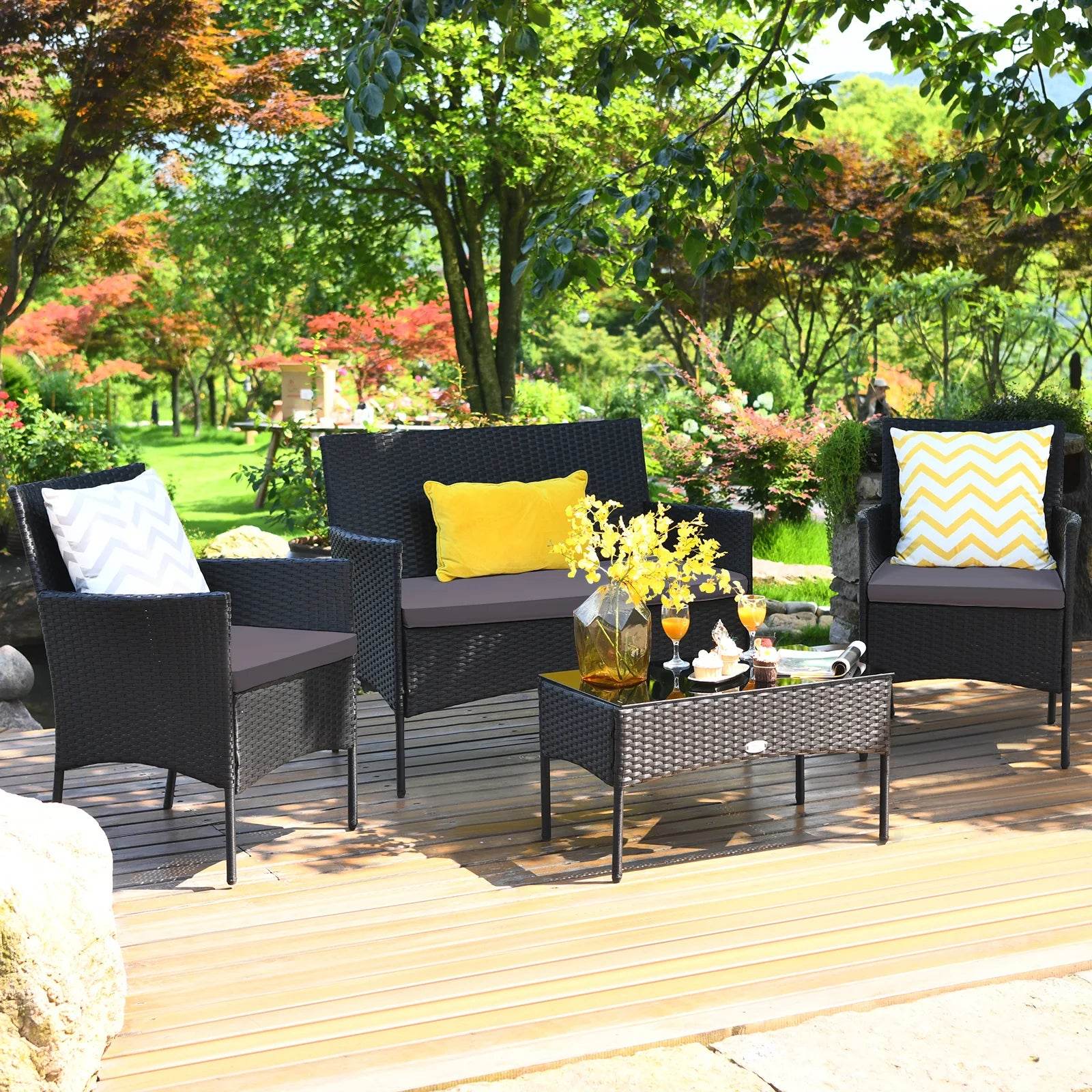 4PCS Patio Rattan Furniture Set Cushioned Sofa Coffee Table Backyard Grey - Loft&Timber