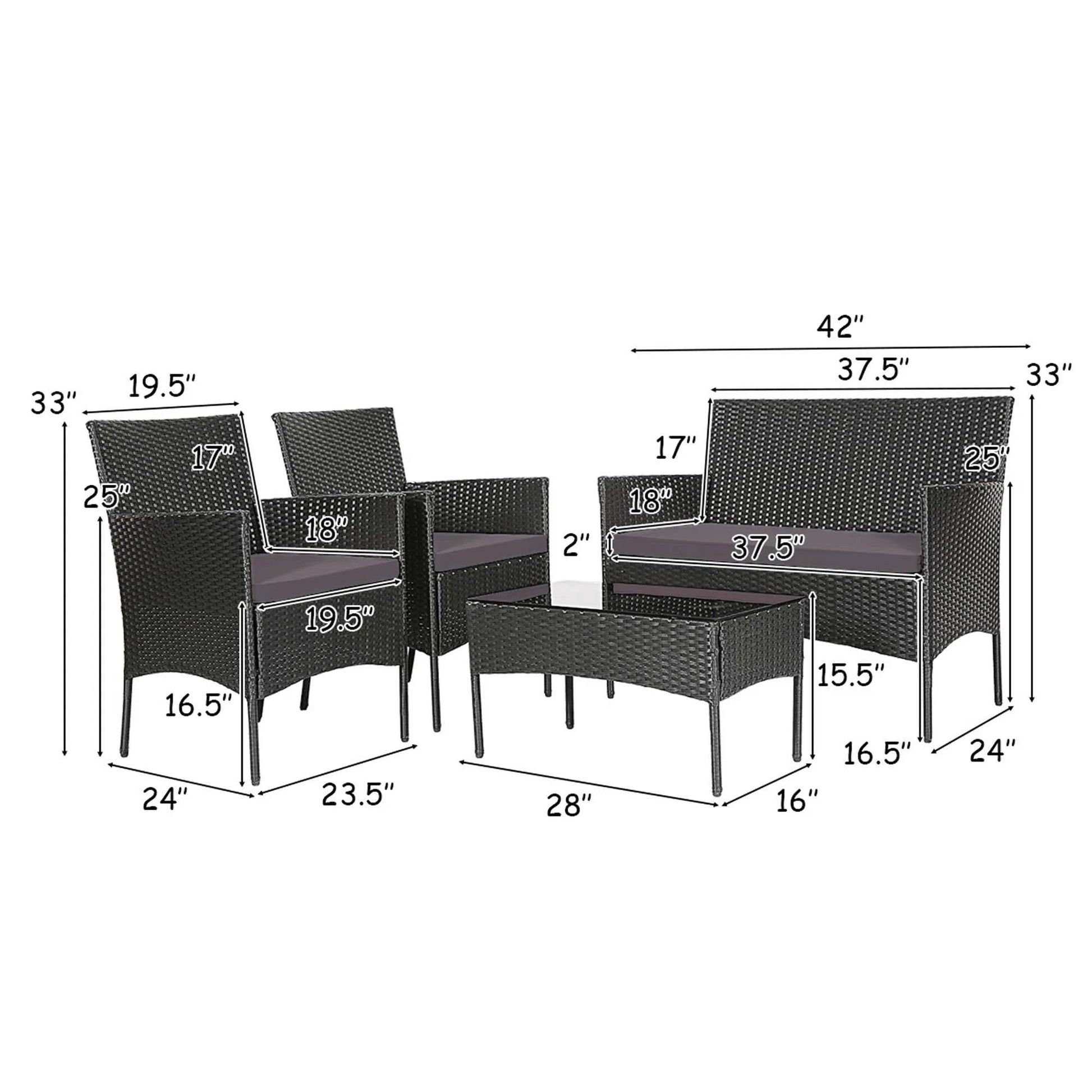 4PCS Patio Rattan Furniture Set Cushioned Sofa Coffee Table Backyard Grey - Loft&Timber