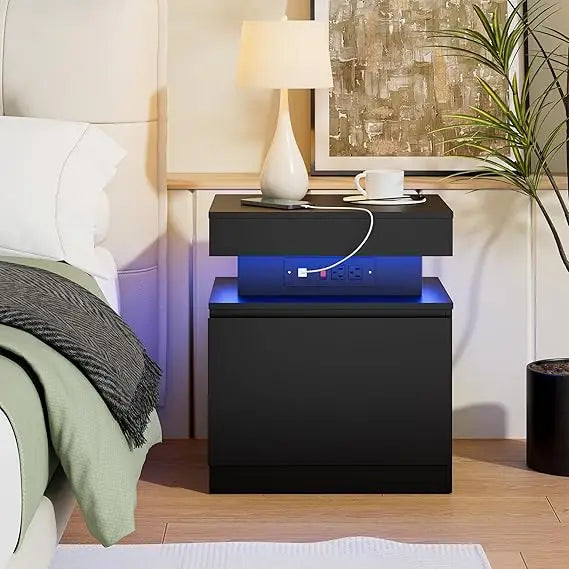 contemporary black nightstand with charging port and flip-top design for bedrooms