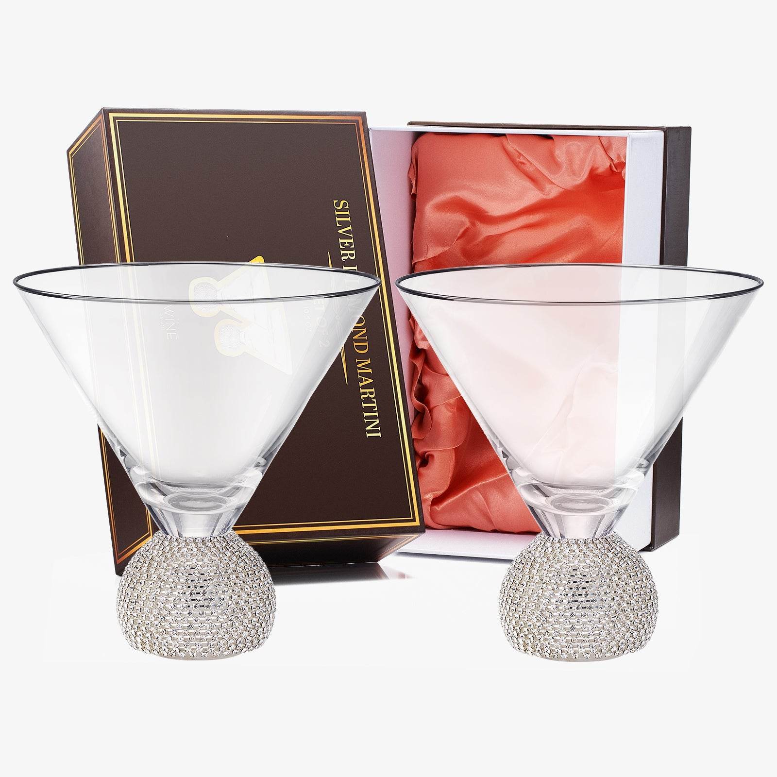 Diamond Studded Martini Glasses Set of 2 - The Wine Savant - Silver Rimmed Modern Cocktail Glass, Rhinestone Diamonds With Stemless Crystal Ball Base, Bar or Party 10.5oz, Swarovski Style Crystals - Loft&Timber