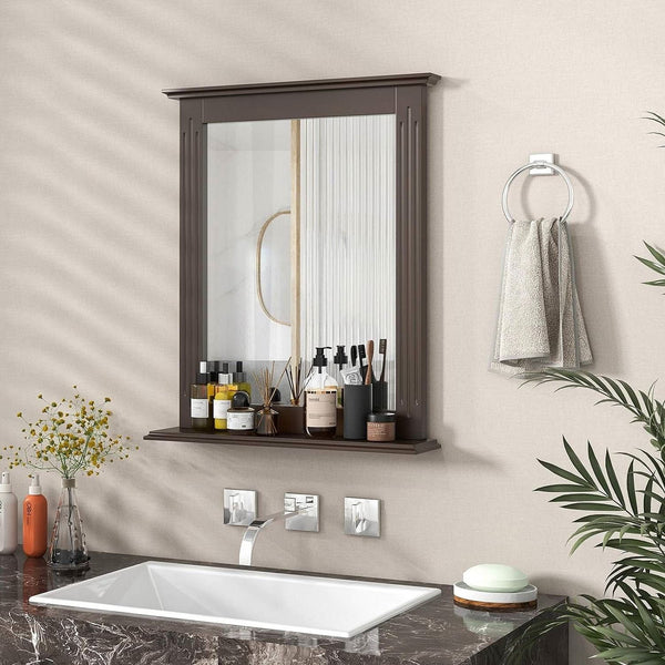 27-in x 22.5-in Bathroom Wall Mirror with Shelf in Dark Brown Wood Finish-0