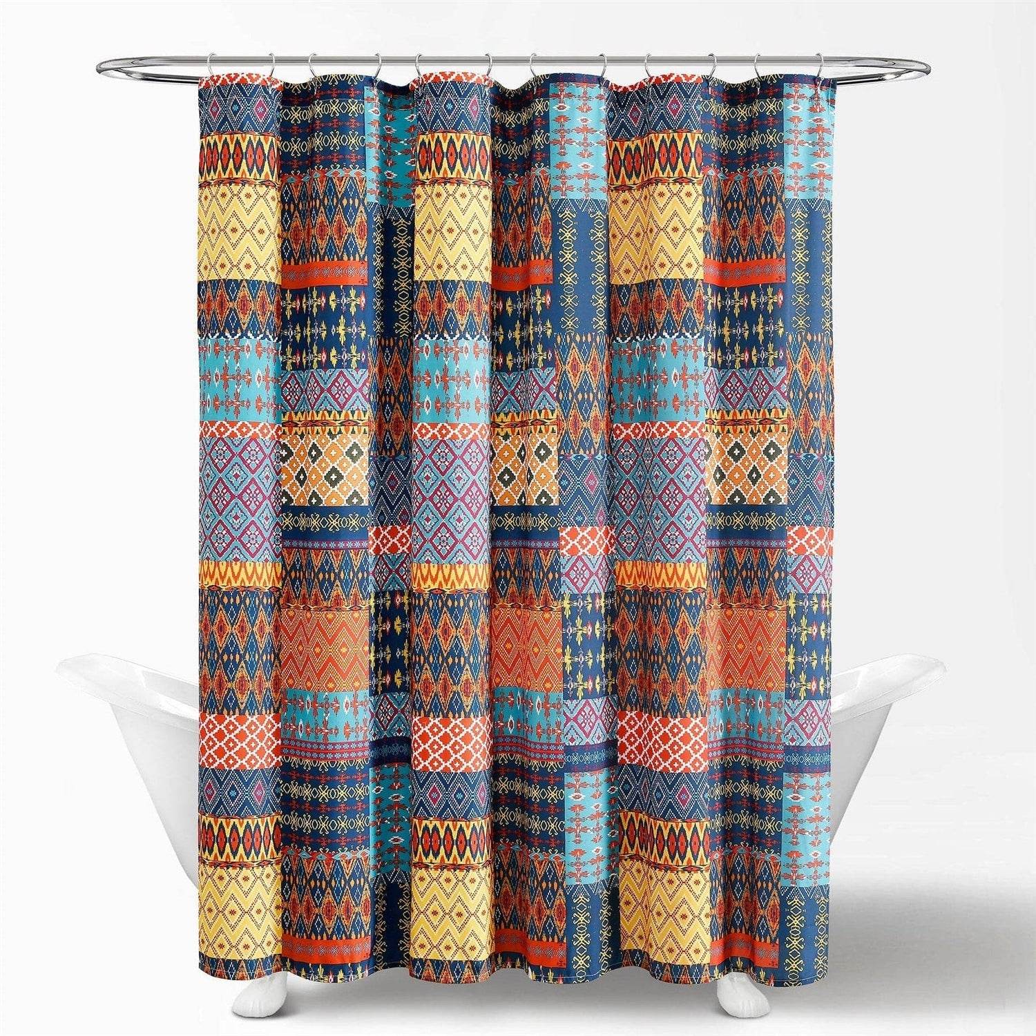72-inch Navy Blue Orange Yellow Teal Boho Patchwork Polyester Shower Curtain - Loft&Timber