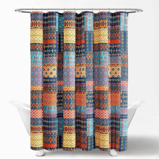 72-inch Navy Blue Orange Yellow Teal Boho Patchwork Polyester Shower Curtain - Loft&Timber