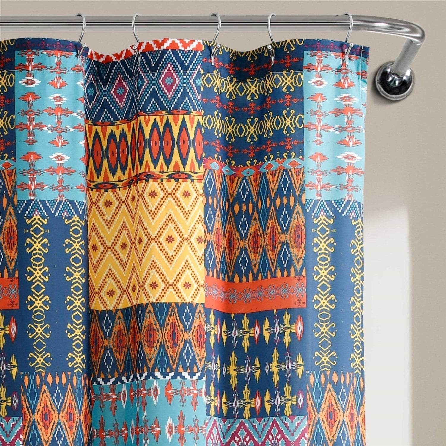 72-inch Navy Blue Orange Yellow Teal Boho Patchwork Polyester Shower Curtain - Loft&Timber