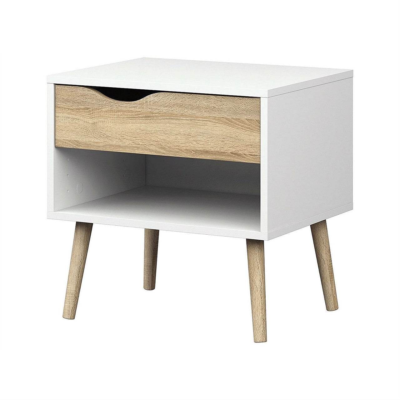 Modern Mid Century Style End Table Nightstand in White & Oak Finish - Loft&Timber