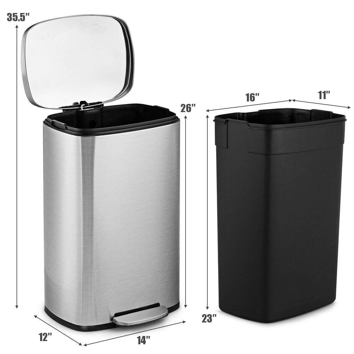 13-Gallon Modern Stainless Steel Kitchen Trash Can with Foot Step Pedal Design - Loft&Timber