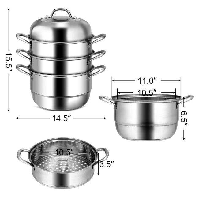 3 Tier Large Stainless Steel Steamer Cookware Set - Loft&Timber