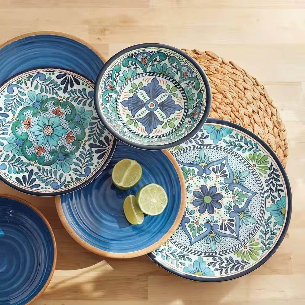 12-Piece Melamine Dinnerware Plates Bowls Set with Blue Floral Pattern - Loft&Timber
