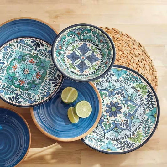12-Piece Melamine Dinnerware Plates Bowls Set with Blue Floral Pattern - Loft&Timber