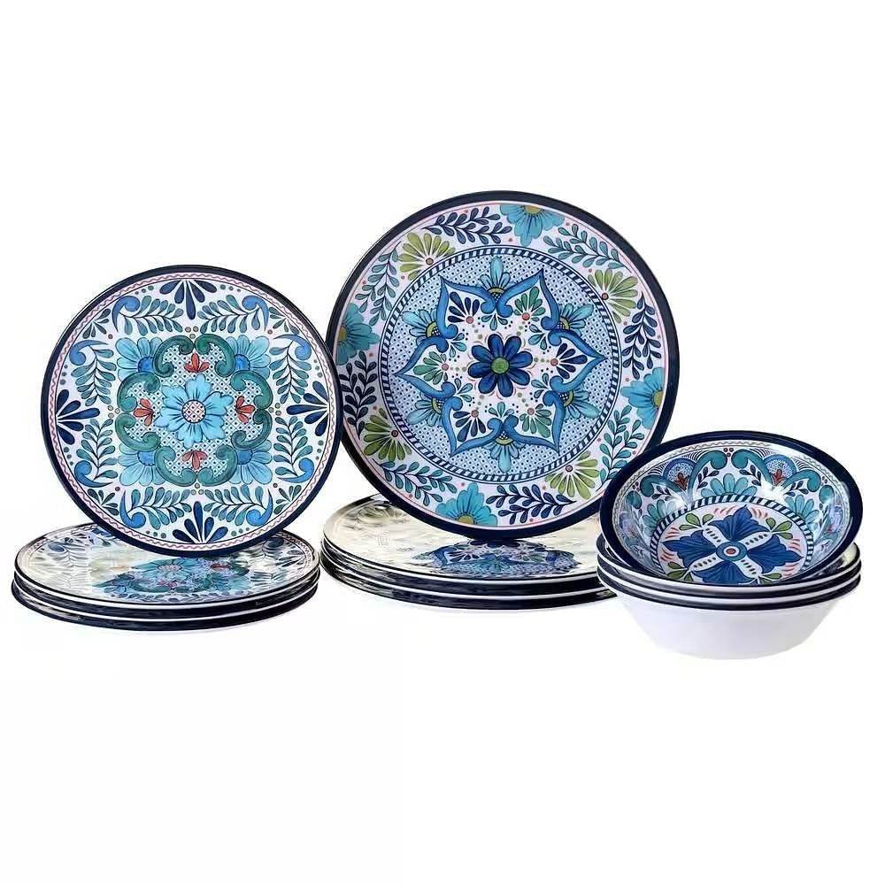 12-Piece Melamine Dinnerware Plates Bowls Set with Blue Floral Pattern - Loft&Timber