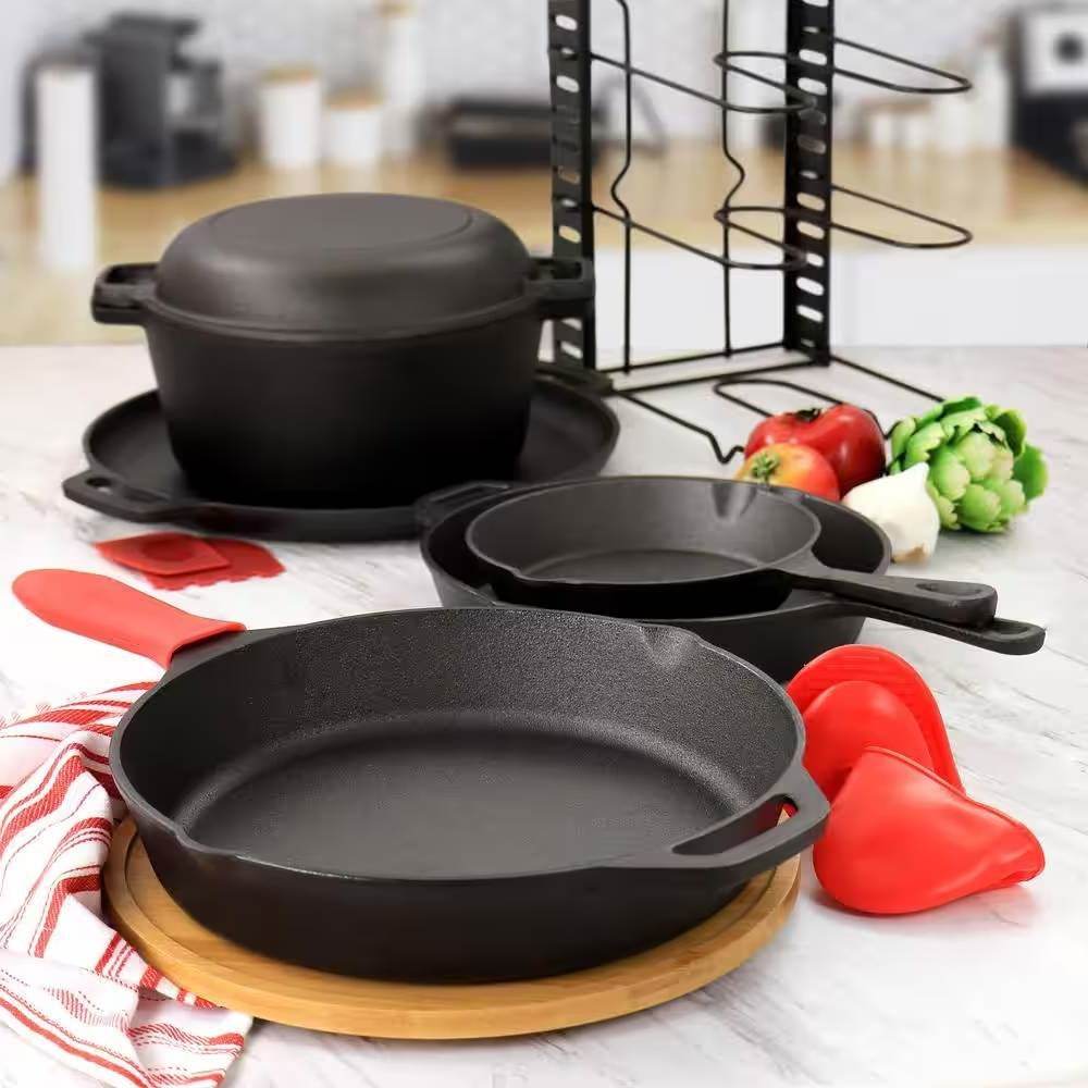 12-Piece Cast Iron Cookware set with Dutch Oven Frying Pan Skillet and Pizza Pan - Loft&Timber