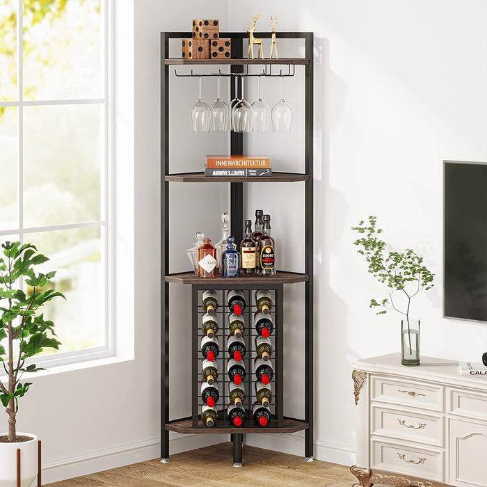 Industrial Corner Wine Rack Storage Shelving Unit with Glass Holders - Loft&Timber